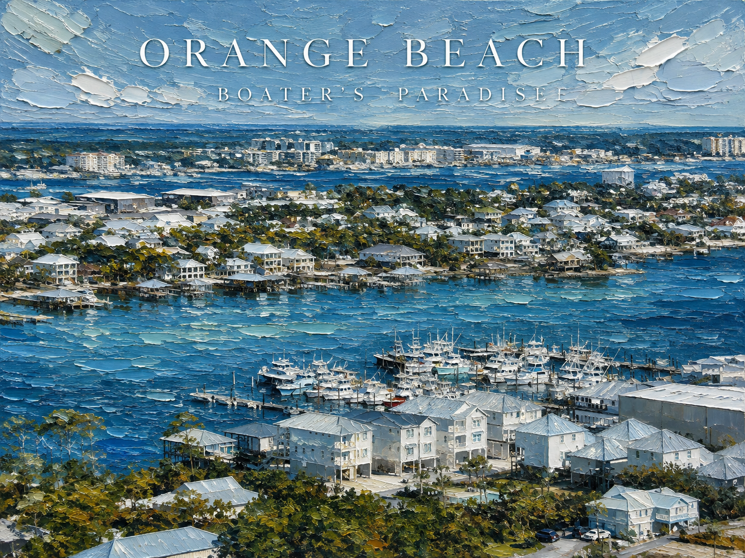 Orange Beach Alabama Boater's Paradise artwork featuring waterfront homes, marina and luxury boats