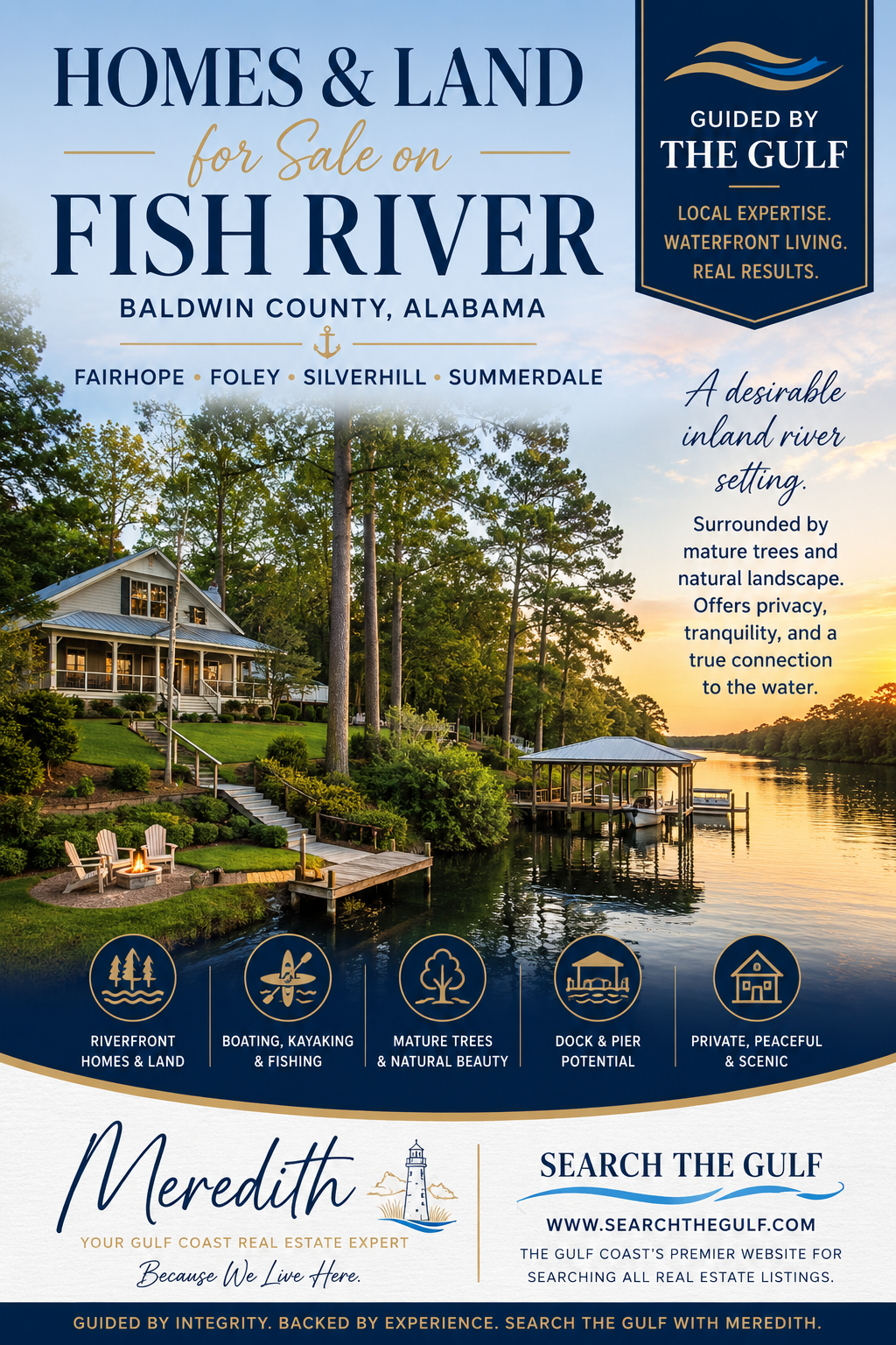 Fish River waterfront homes and land for sale in Baldwin County Alabama with mature trees, natural landscape, privacy, and river access.