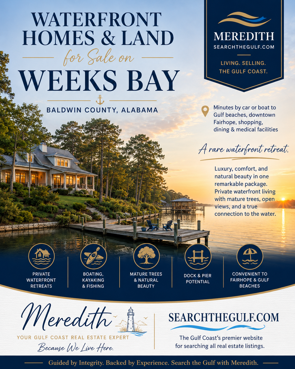 Weeks Bay waterfront homes and land for sale in Baldwin County Alabama with mature trees, natural shoreline, privacy, bay views, and dock potential.